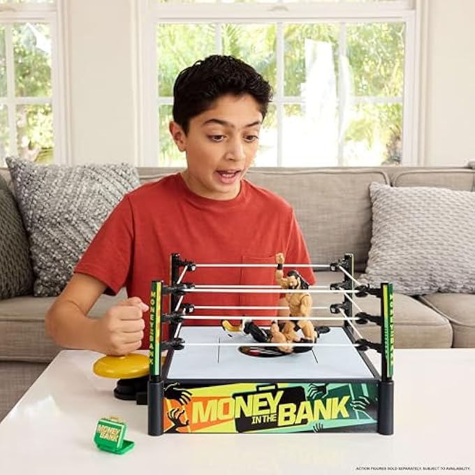 STRBOXONG مجموعة لعب حلبة WWE موني إن ذا بانك كاش إن مع وضعين للعب و40+ صوت وعبارة، تشمل رافعة الإطلاق والسلالم وحقيبة النقود، 13 إنش × 20 إنش، JGR83 - Image 2